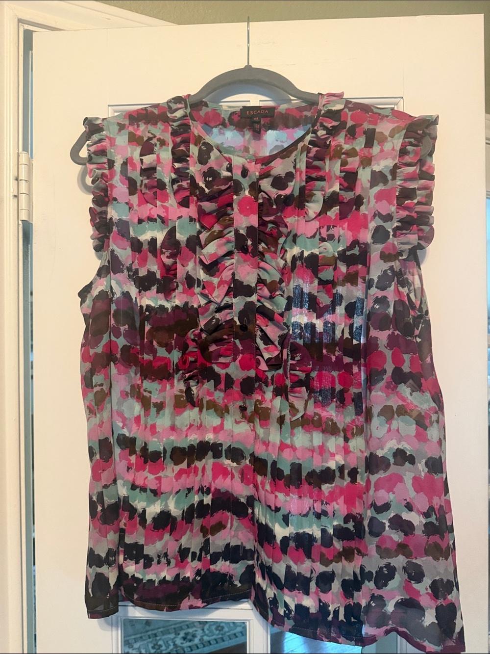Escada Pink Aqua Black Abstract Ruffle Sleeveless Blouse